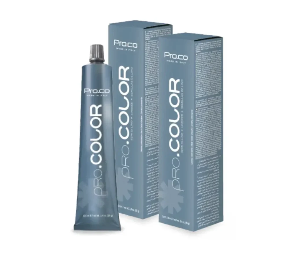 Професионална крем боя Pro.Co PRO.COLOR с ниско съдържание на амоняк и ленено масло. Отлично покритие на бели коси и дълготраен цвят.